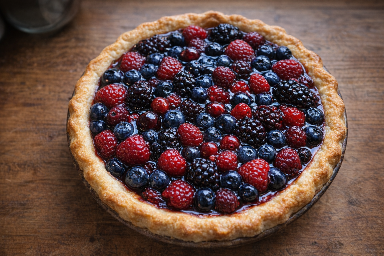 A top-down shot of a golden brown cream cheese pie crust filled with a vibrant berry filling, light reflecting off the glazed berries, on a rustic wooden table